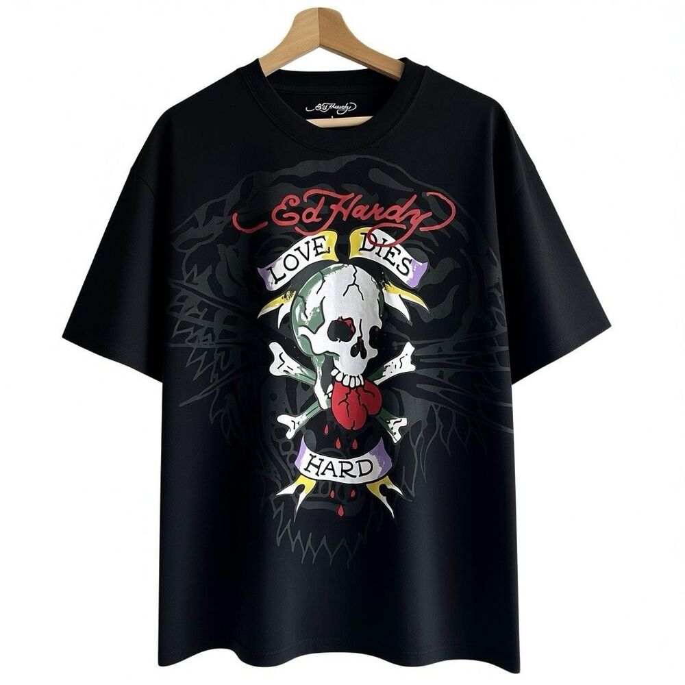 Ed Hardy T-Shirt "Love Dies Hard" men's Sz L graphic Black Cotton blend
